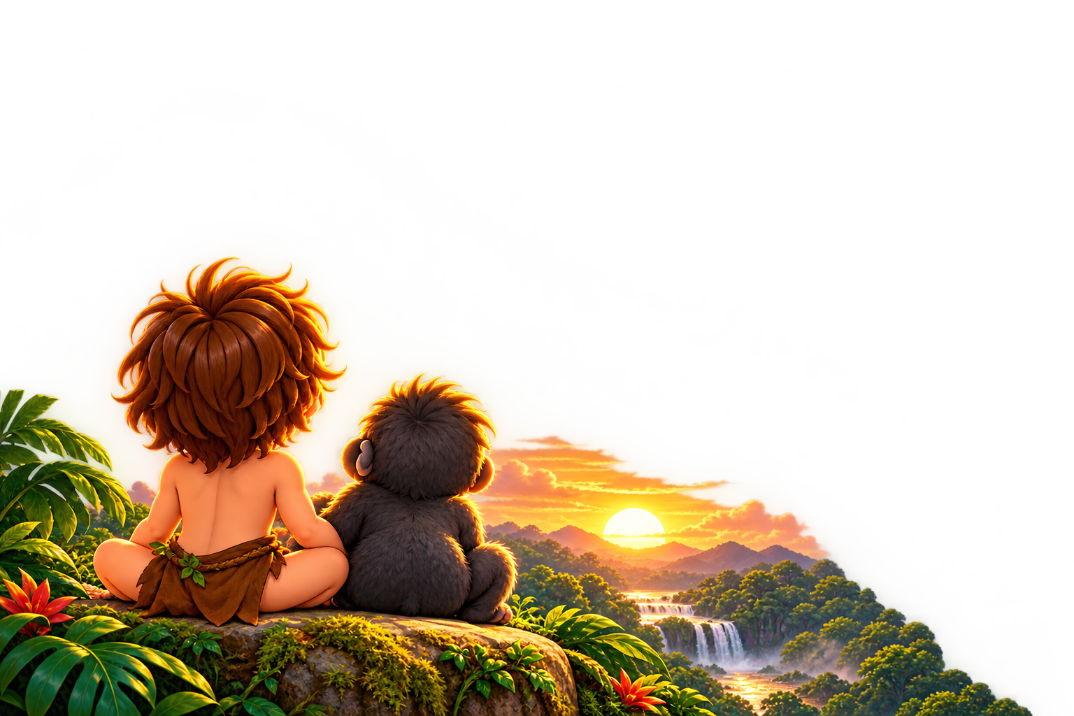 Ilustración original del pequeño explorador y su amigo contemplando el atardecer