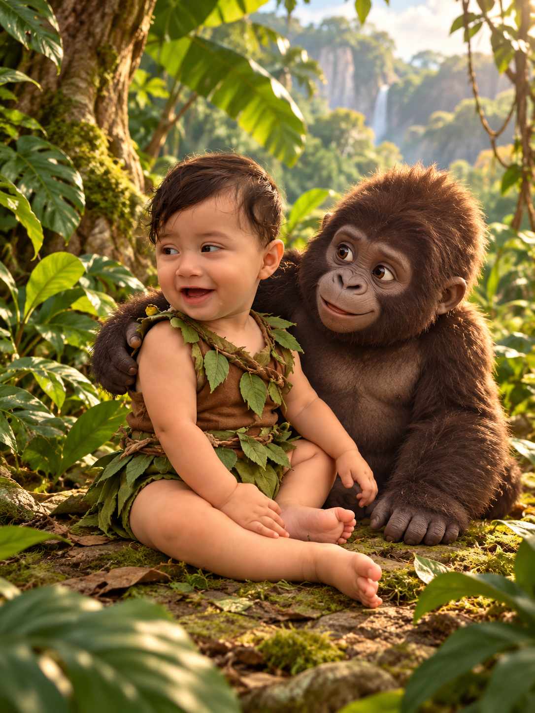 Matías sentado junto a un gorila bebé en la selva