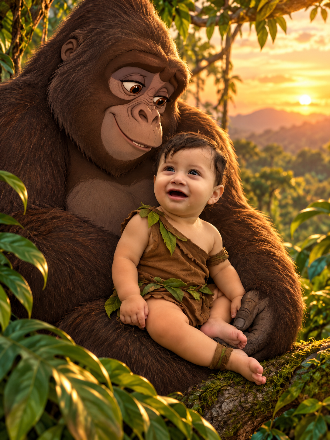 Matías acompañado por una gorila al atardecer en la selva